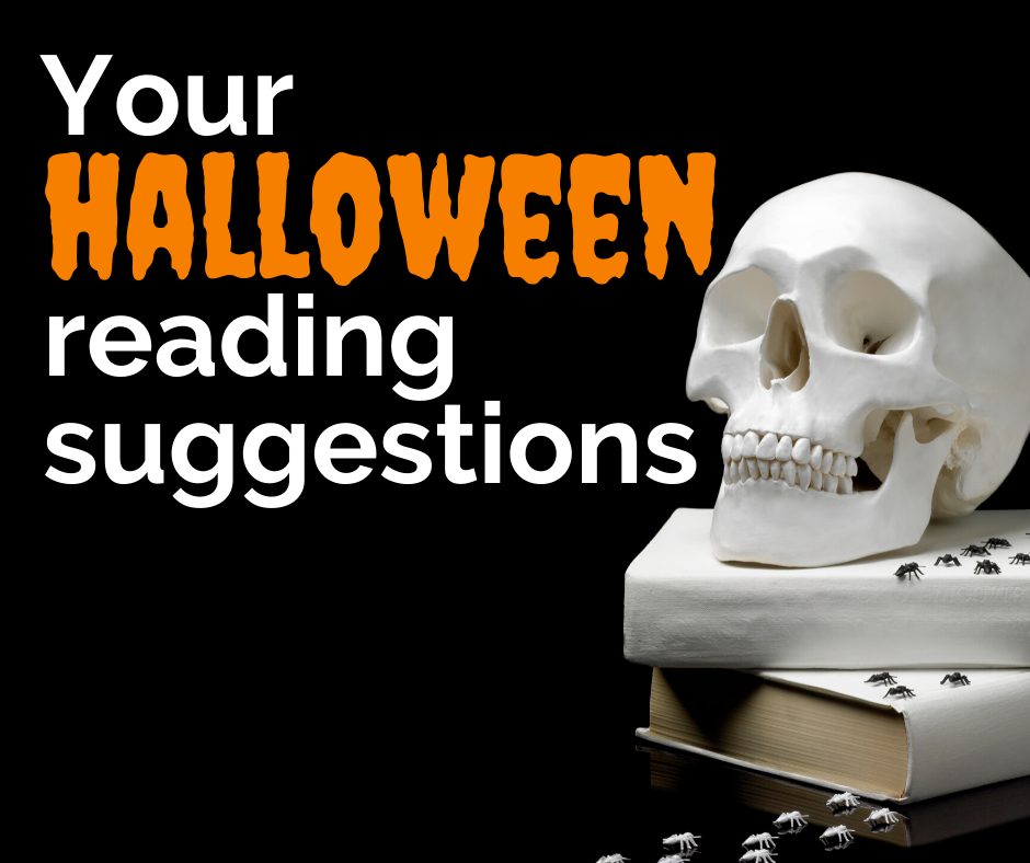 Image reads 'Your Halloween book suggestions' and shows a skull sitting atop a pile of books. 