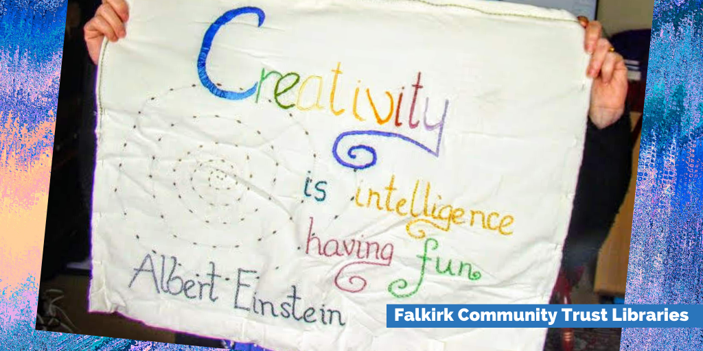 Colourful embroidered banner featuring Albert Einstein quote 'Creativity is intelligence having fun'
